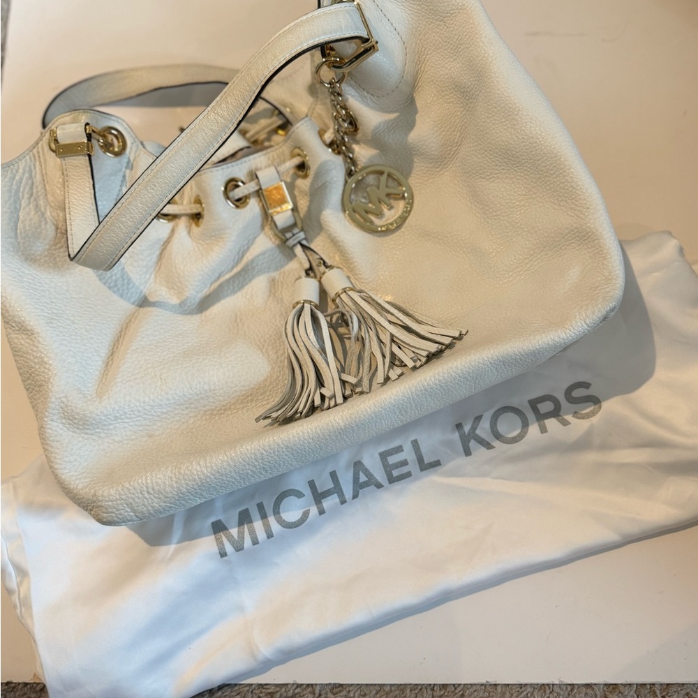 Michael Kors Cream Leather Tassel Drawstring Hobo Bag
